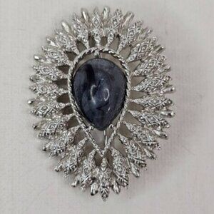 Sarah Coventry Silver Tone Oval Brooch Granada Teardrop Cabochon Pin